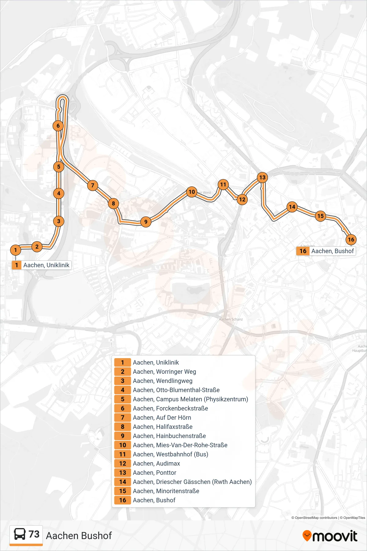 Linie 73 (Bus) Richtung Aachen Bushof: Route und Haltestellen auf der Karte