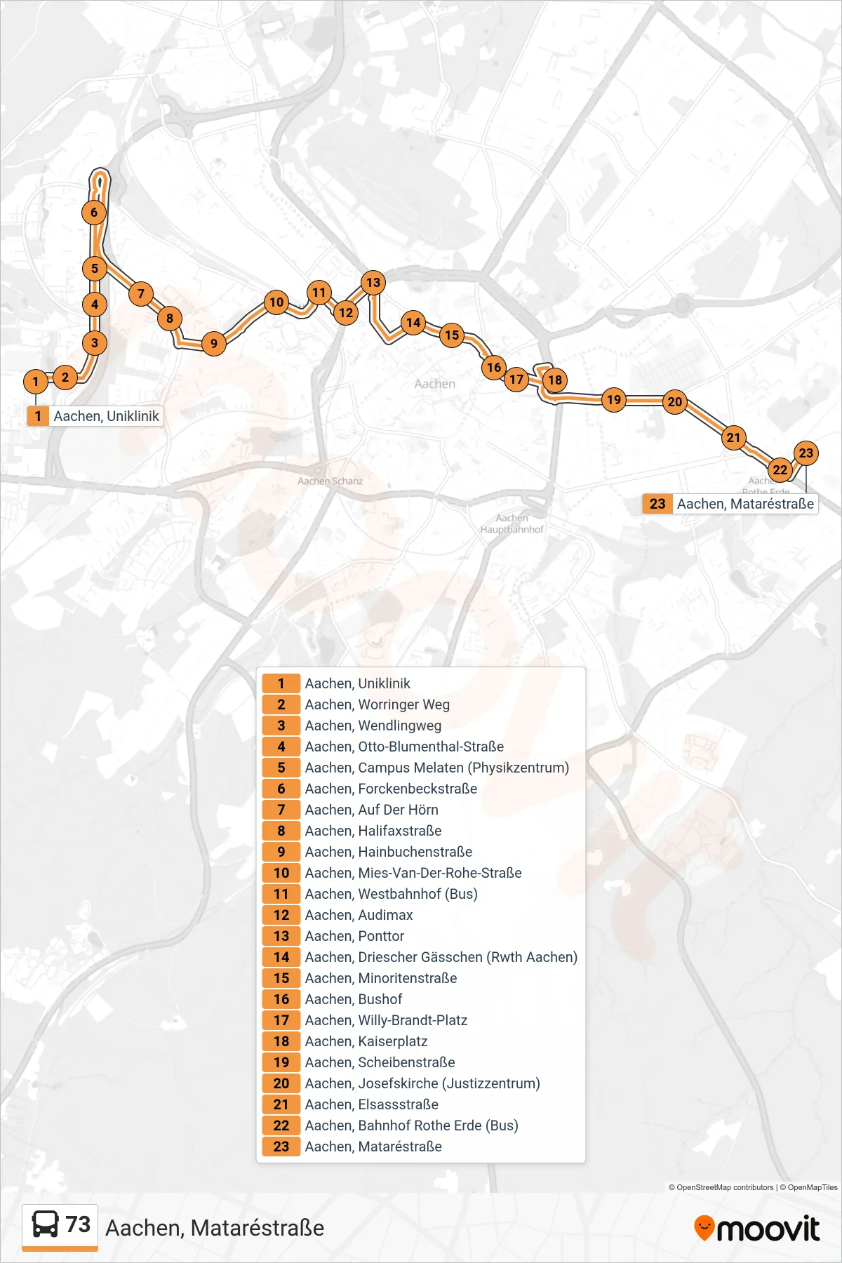 Linie 73 (Bus) Richtung Aachen, Mataréstraße: Route und Haltestellen auf der Karte