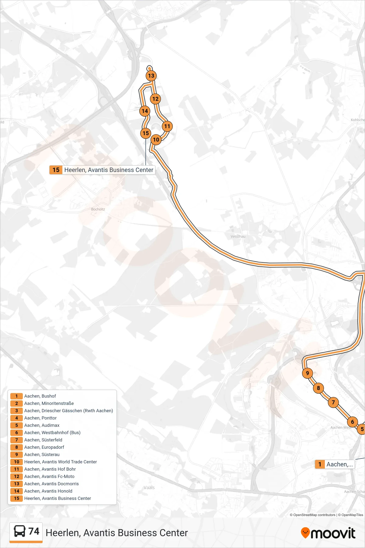 74 bus Line (Heerlen, Avantis Business Center) route and stops on a map