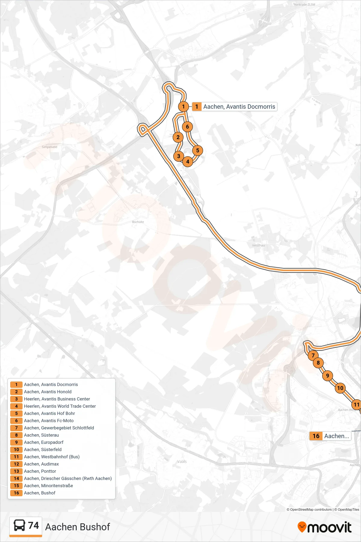 Linie 74 (Bus) Richtung Aachen Bushof: Route und Haltestellen auf der Karte