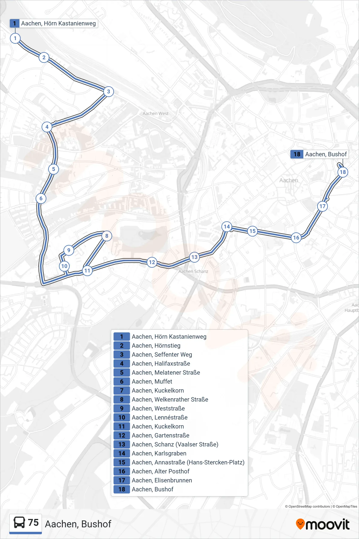 75 bus Line (Aachen, Bushof) route and stops on a map