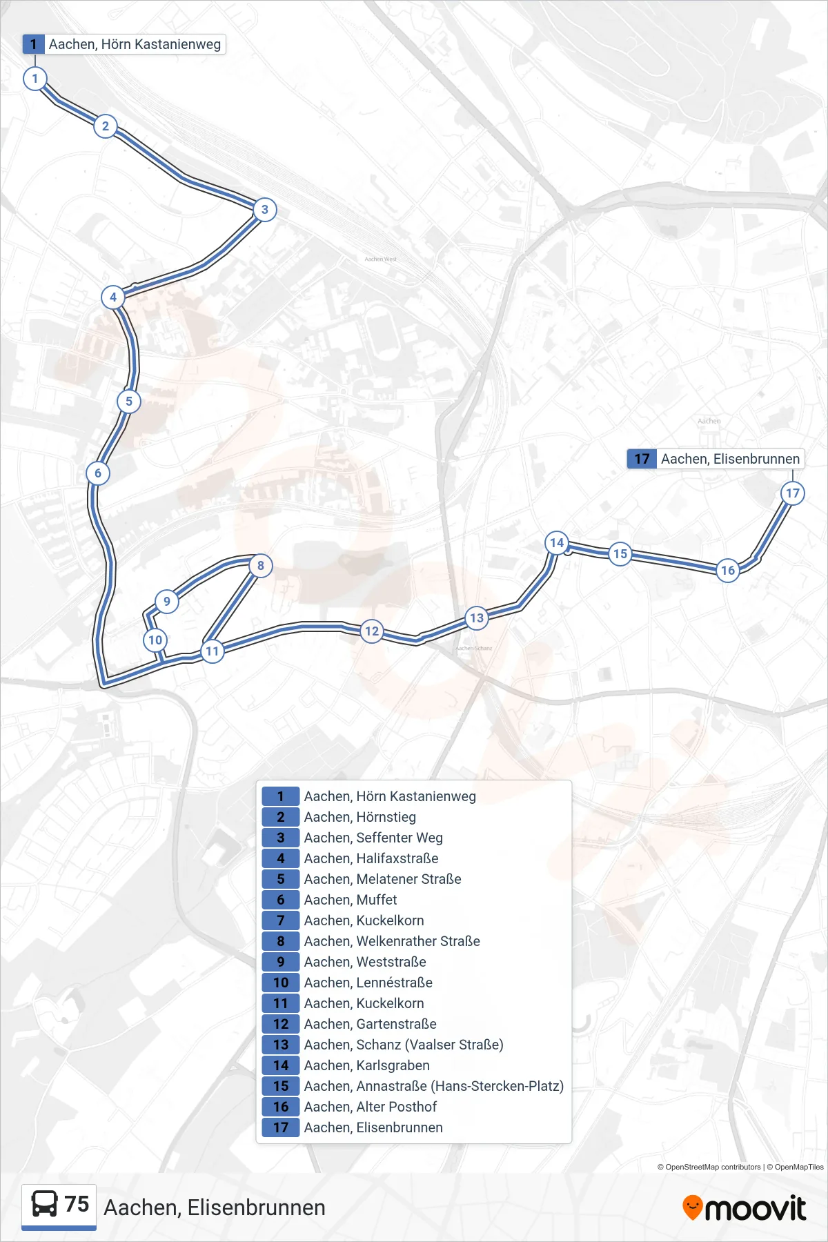 Linie 75 (Bus) Richtung Aachen, Elisenbrunnen: Route und Haltestellen auf der Karte