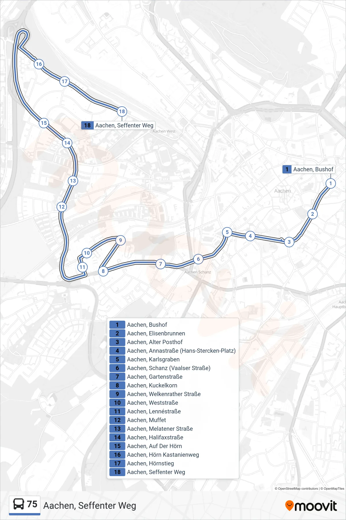 Linie 75 (Bus) Richtung Aachen, Seffenter Weg: Route und Haltestellen auf der Karte