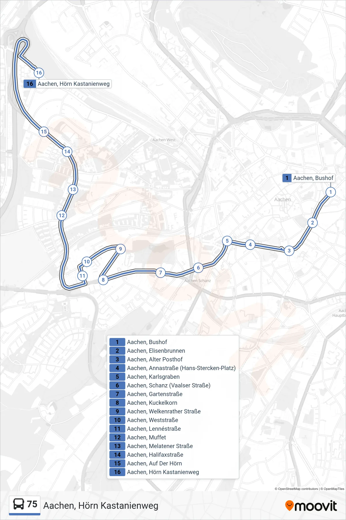 Linie 75 (Bus) Richtung Aachen, Hörn Kastanienweg: Route und Haltestellen auf der Karte