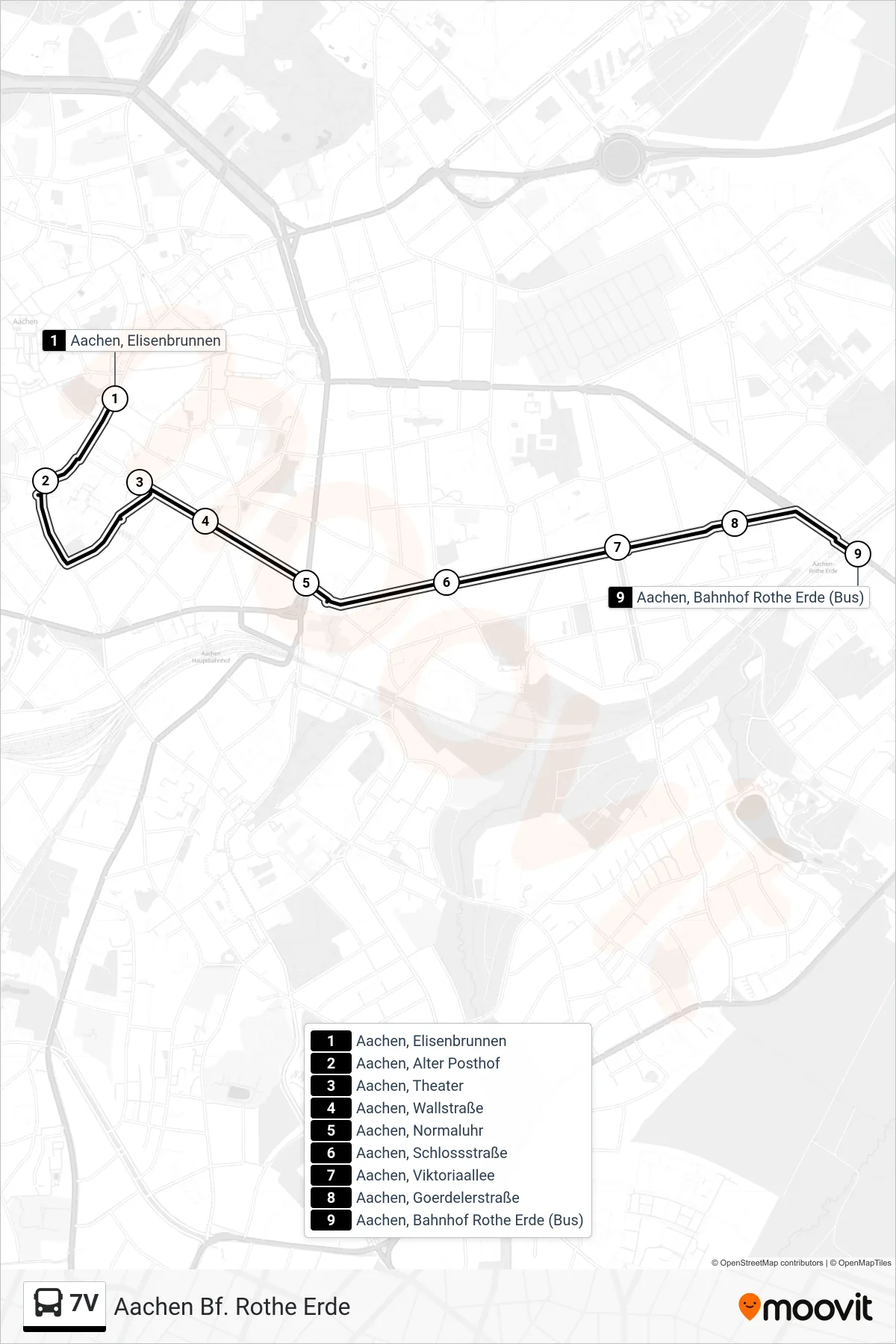 Linie 7V (Bus) Richtung Aachen Bf. Rothe Erde: Route und Haltestellen auf der Karte