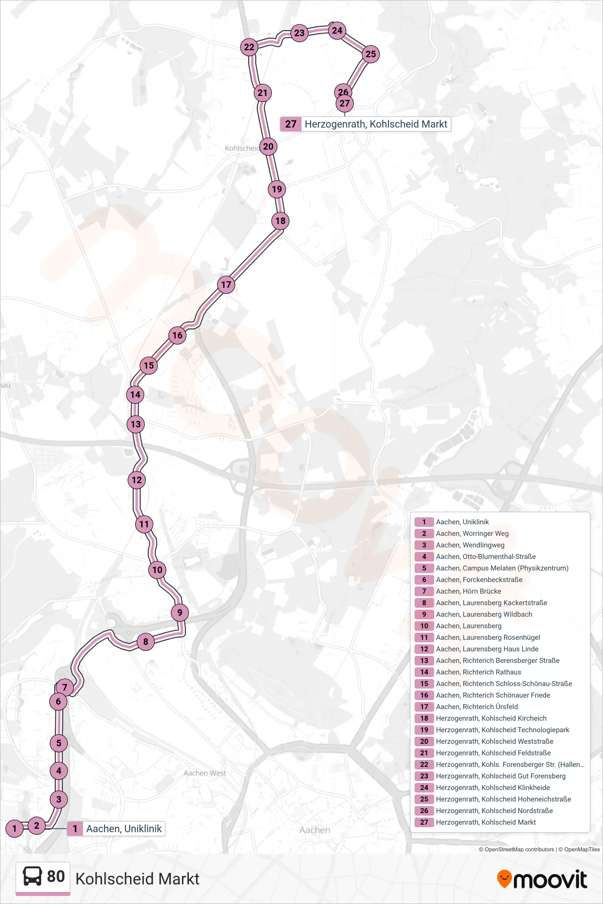 Linie 80 (Bus) Richtung Kohlscheid Markt: Route und Haltestellen auf der Karte