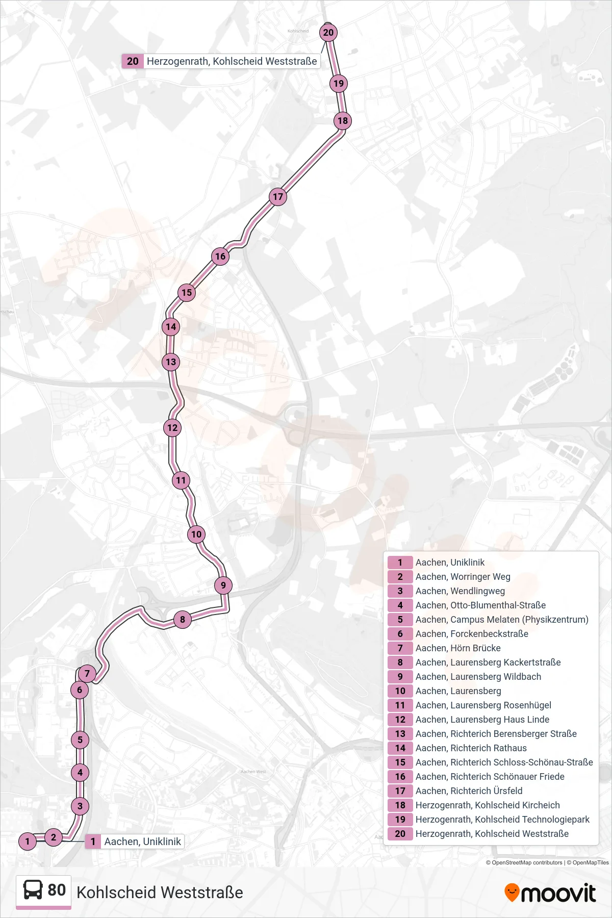 80 bus Line (Kohlscheid Weststraße) route and stops on a map