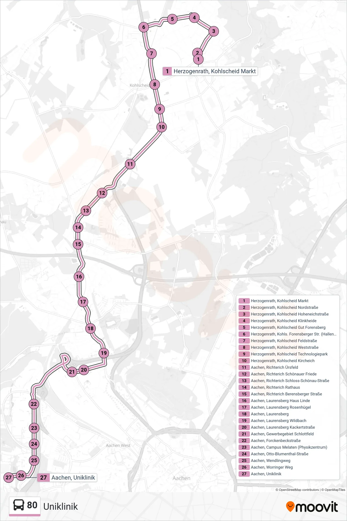 Linie 80 (Bus) Richtung Uniklinik: Route und Haltestellen auf der Karte