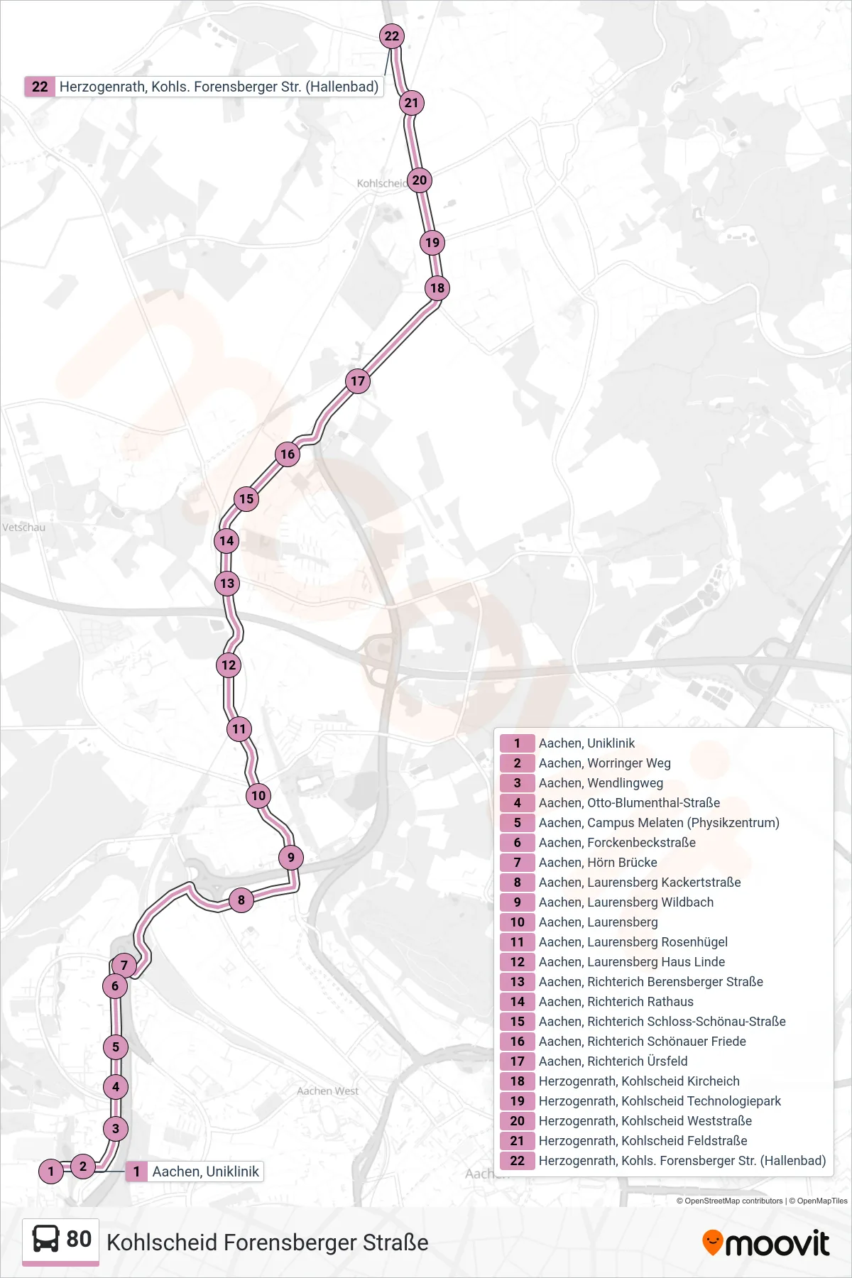 Linie 80 (Bus) Richtung Kohlscheid Forensberger Straße: Route und Haltestellen auf der Karte