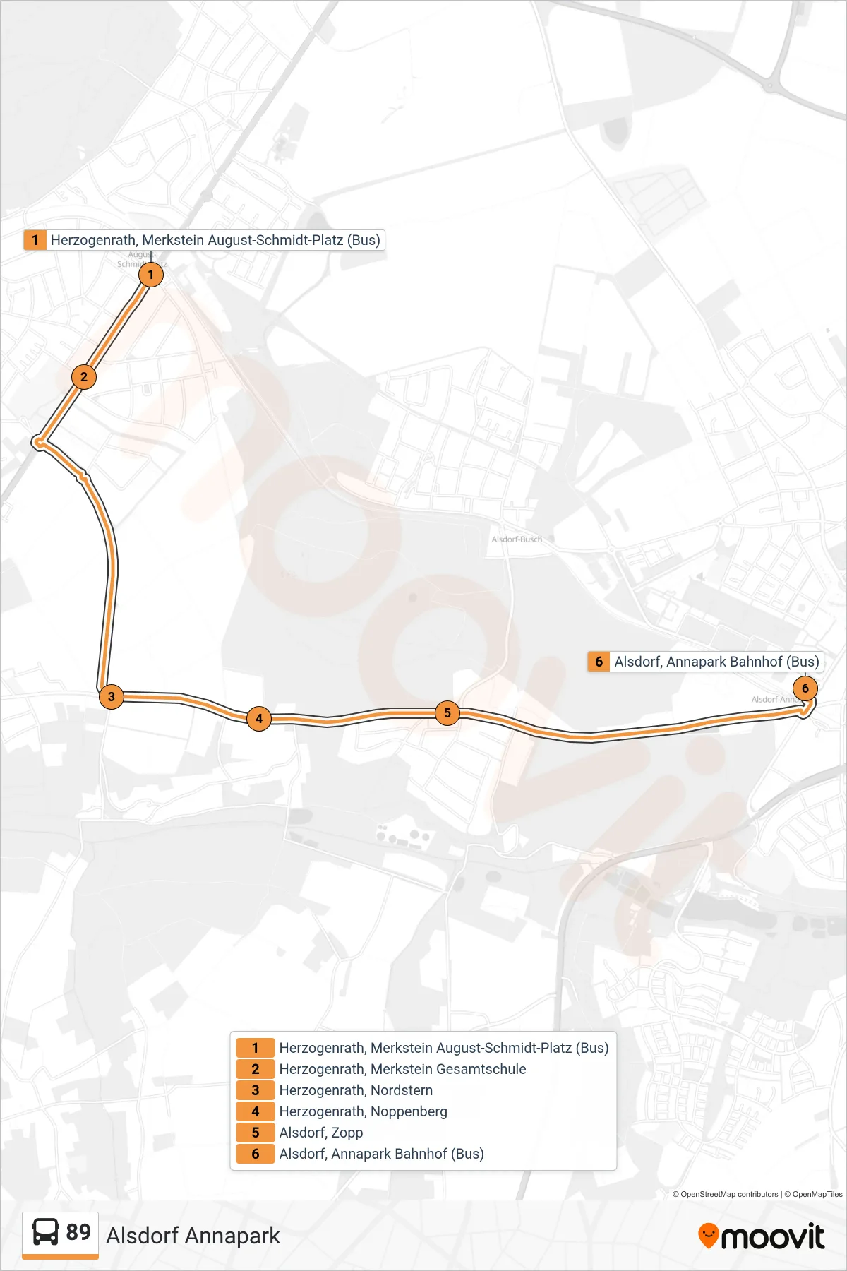 Linie 89 (Bus) Richtung Alsdorf Annapark: Route und Haltestellen auf der Karte