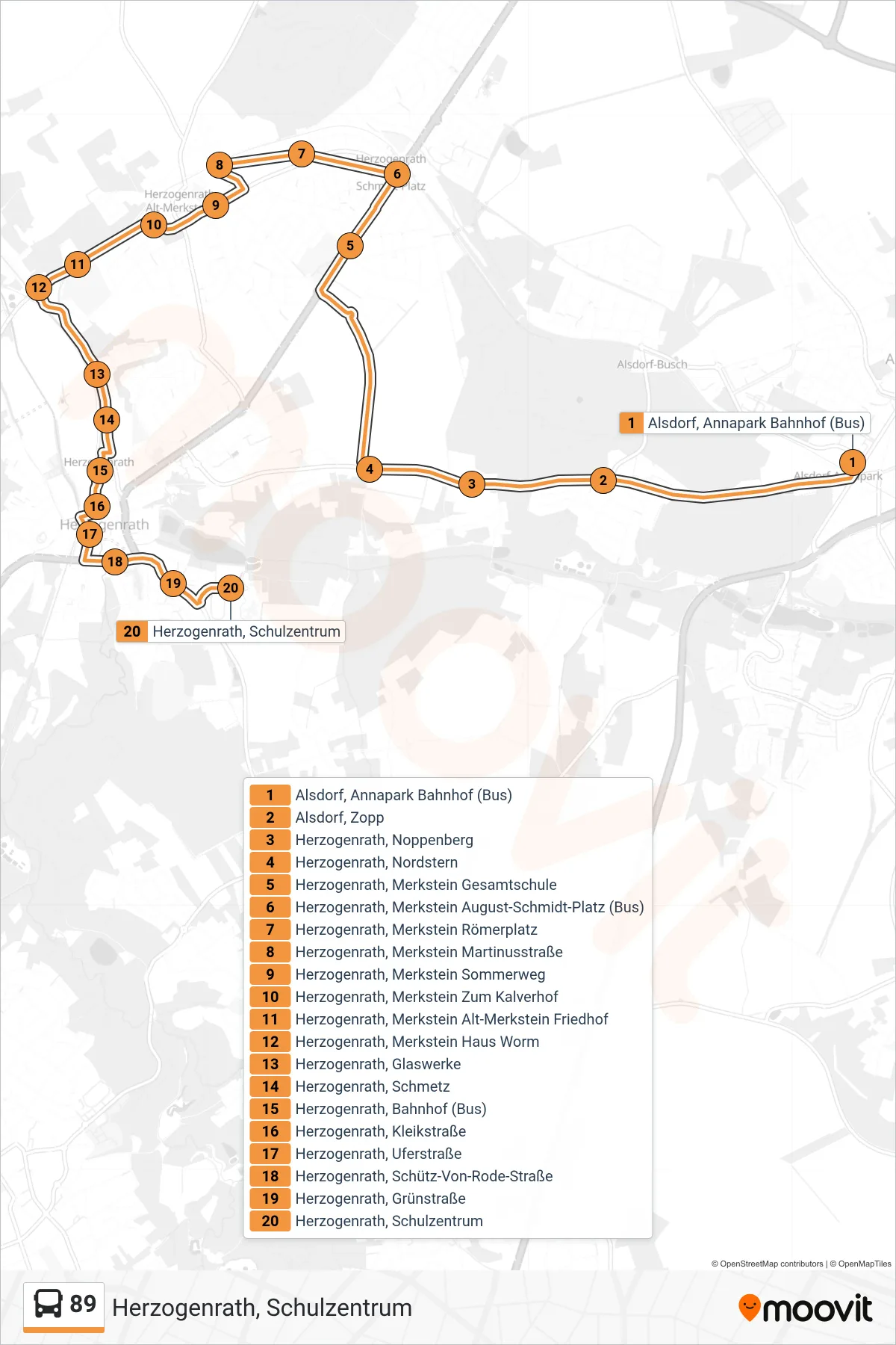 Linie 89 (Bus) Richtung Herzogenrath, Schulzentrum: Route und Haltestellen auf der Karte
