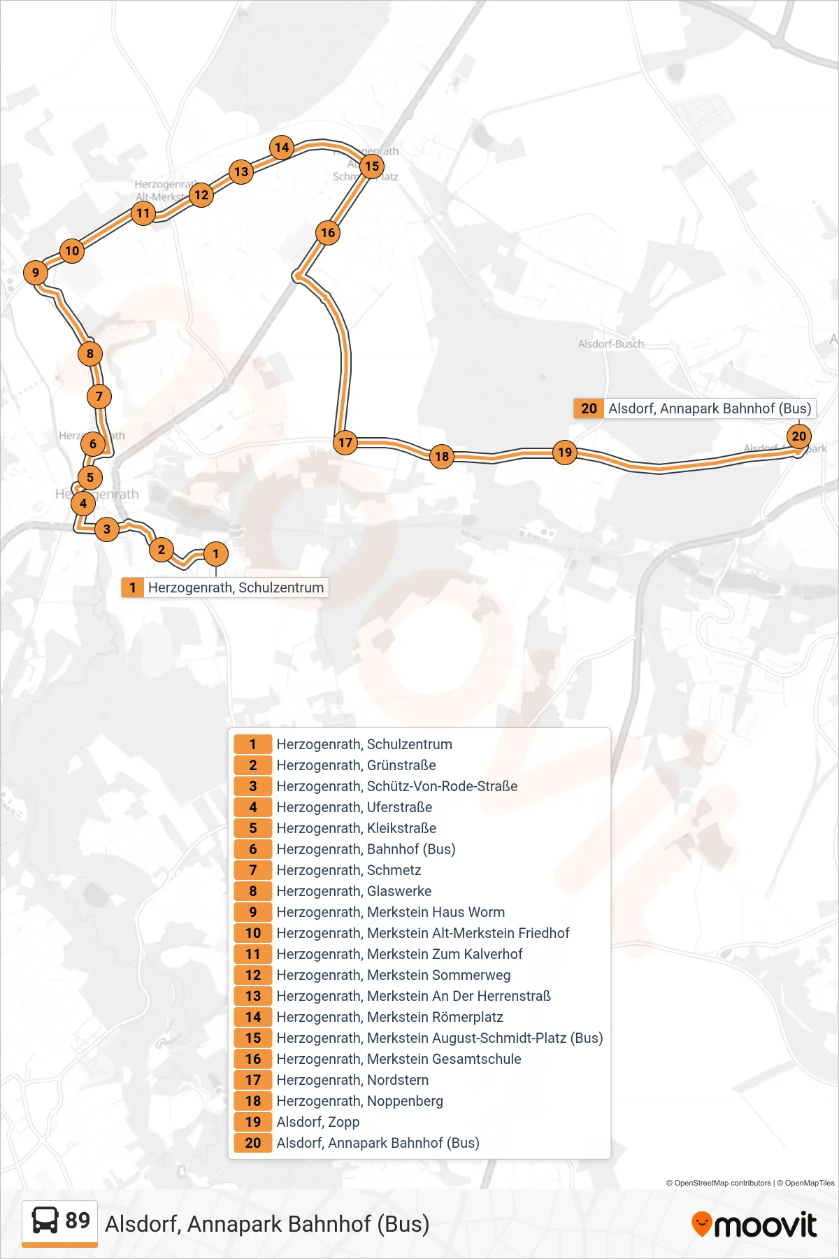 Linie 89 (Bus) Richtung Alsdorf, Annapark Bahnhof (Bus): Route und Haltestellen auf der Karte