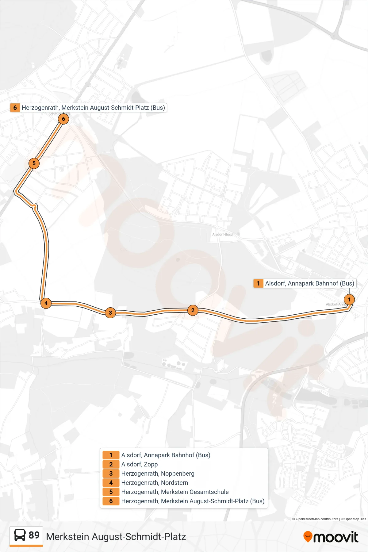 Linie 89 (Bus) Richtung Merkstein August-Schmidt-Platz: Route und Haltestellen auf der Karte