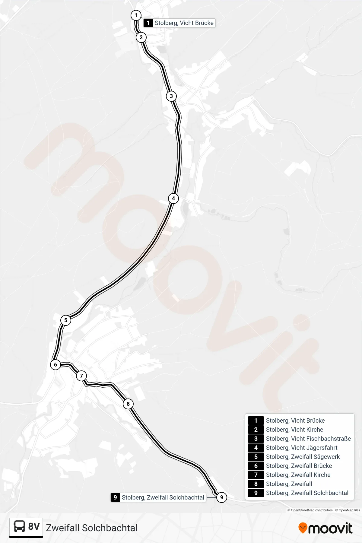 Linie 8V (Bus) Richtung Zweifall Solchbachtal: Route und Haltestellen auf der Karte