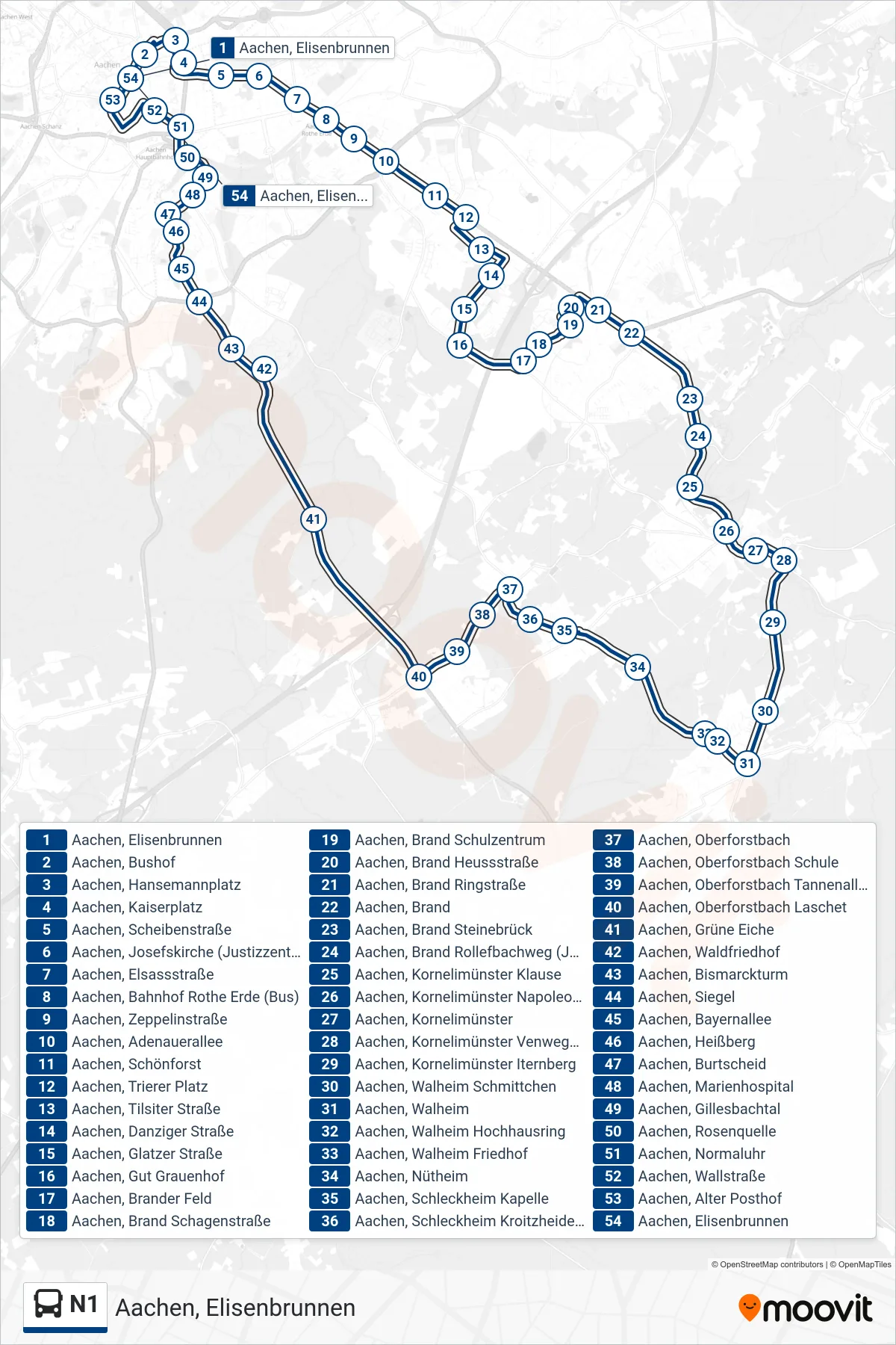 Linie N1 (Bus) Richtung Aachen, Elisenbrunnen: Route und Haltestellen auf der Karte