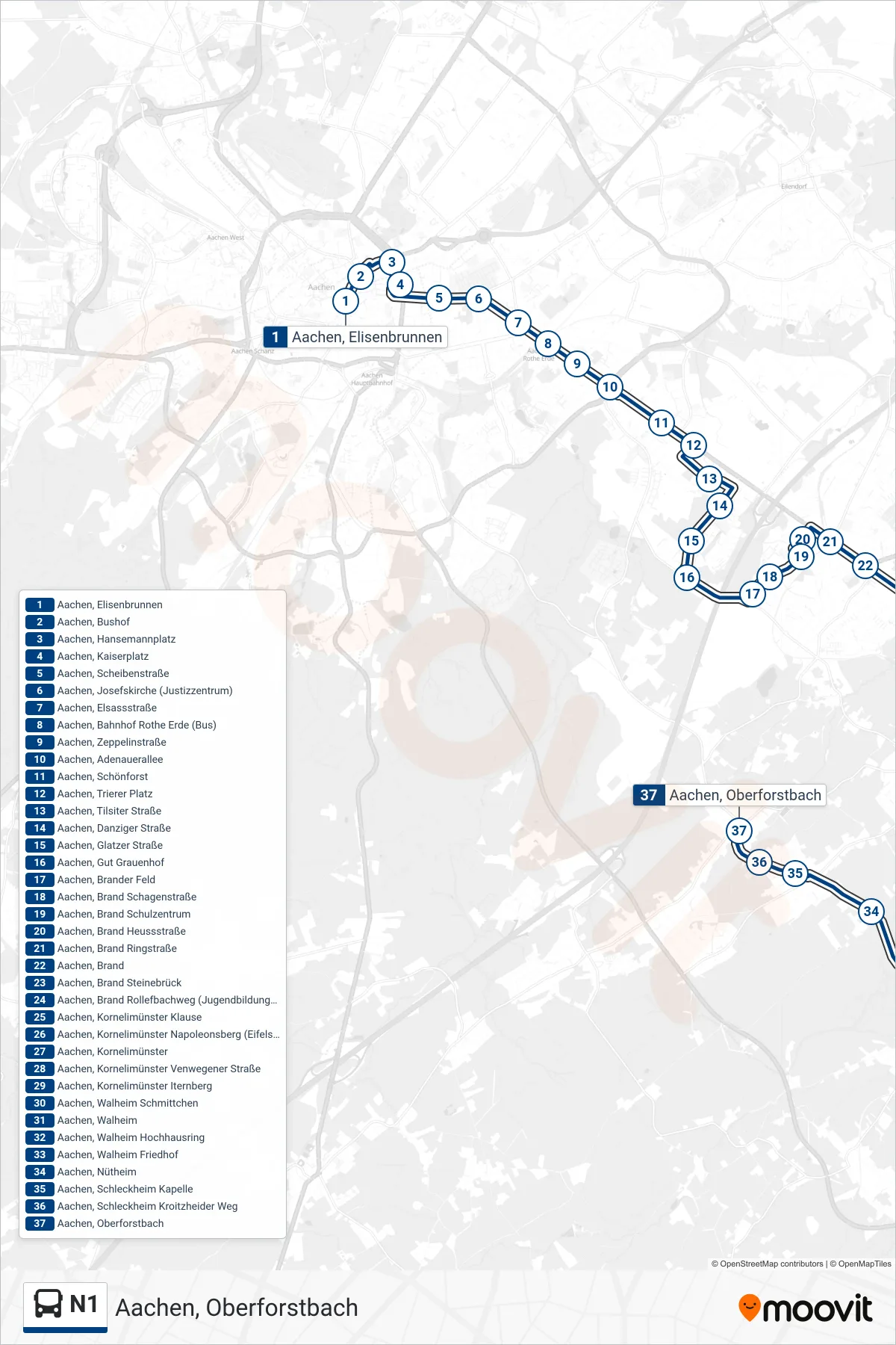 Linie N1 (Bus) Richtung Aachen, Oberforstbach: Route und Haltestellen auf der Karte