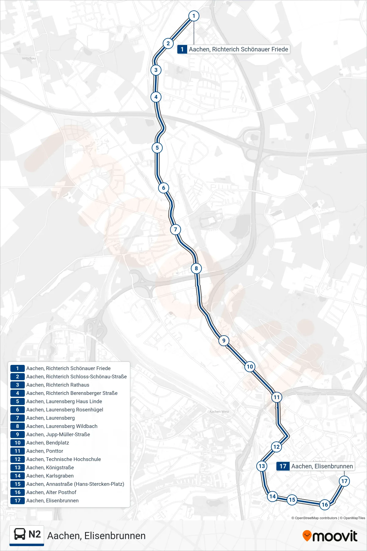 Linie N2 (Bus) Richtung Aachen, Elisenbrunnen: Route und Haltestellen auf der Karte