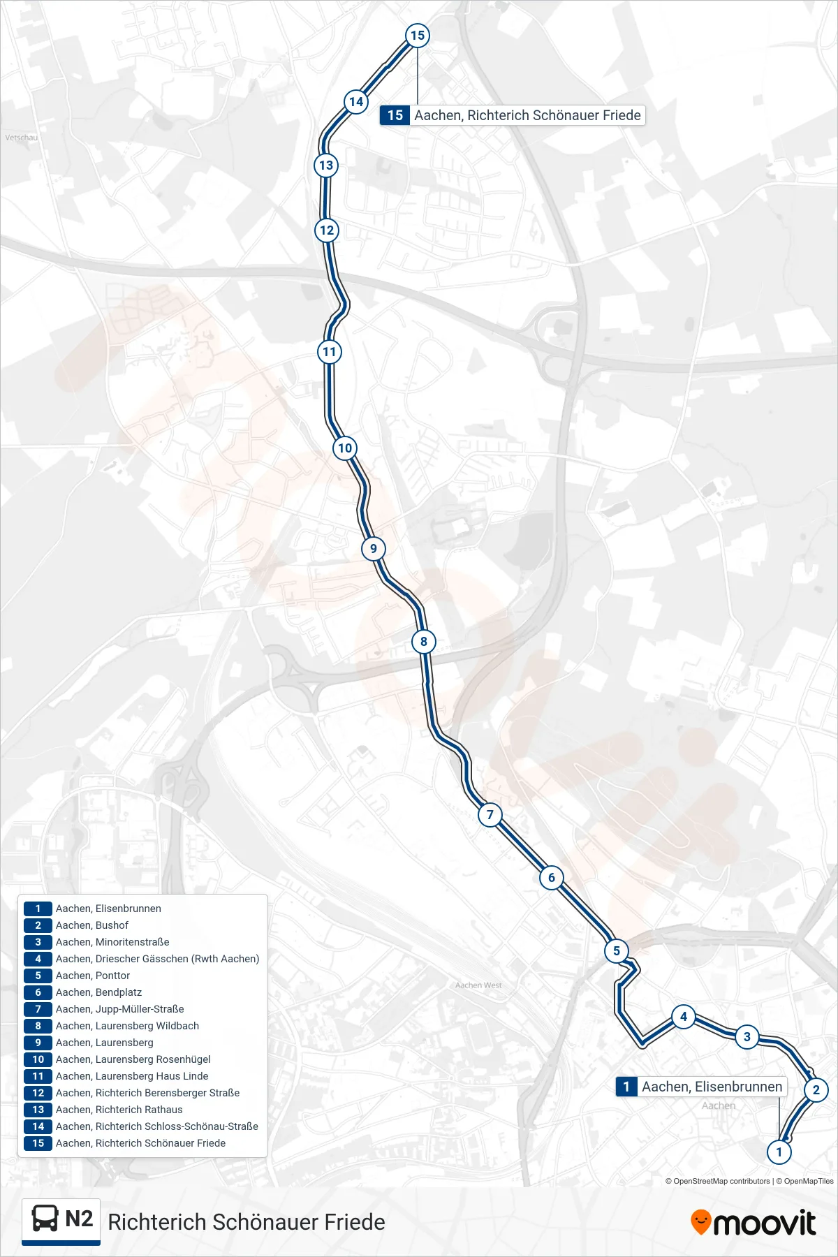 Linie N2 (Bus) Richtung Richterich Schönauer Friede: Route und Haltestellen auf der Karte