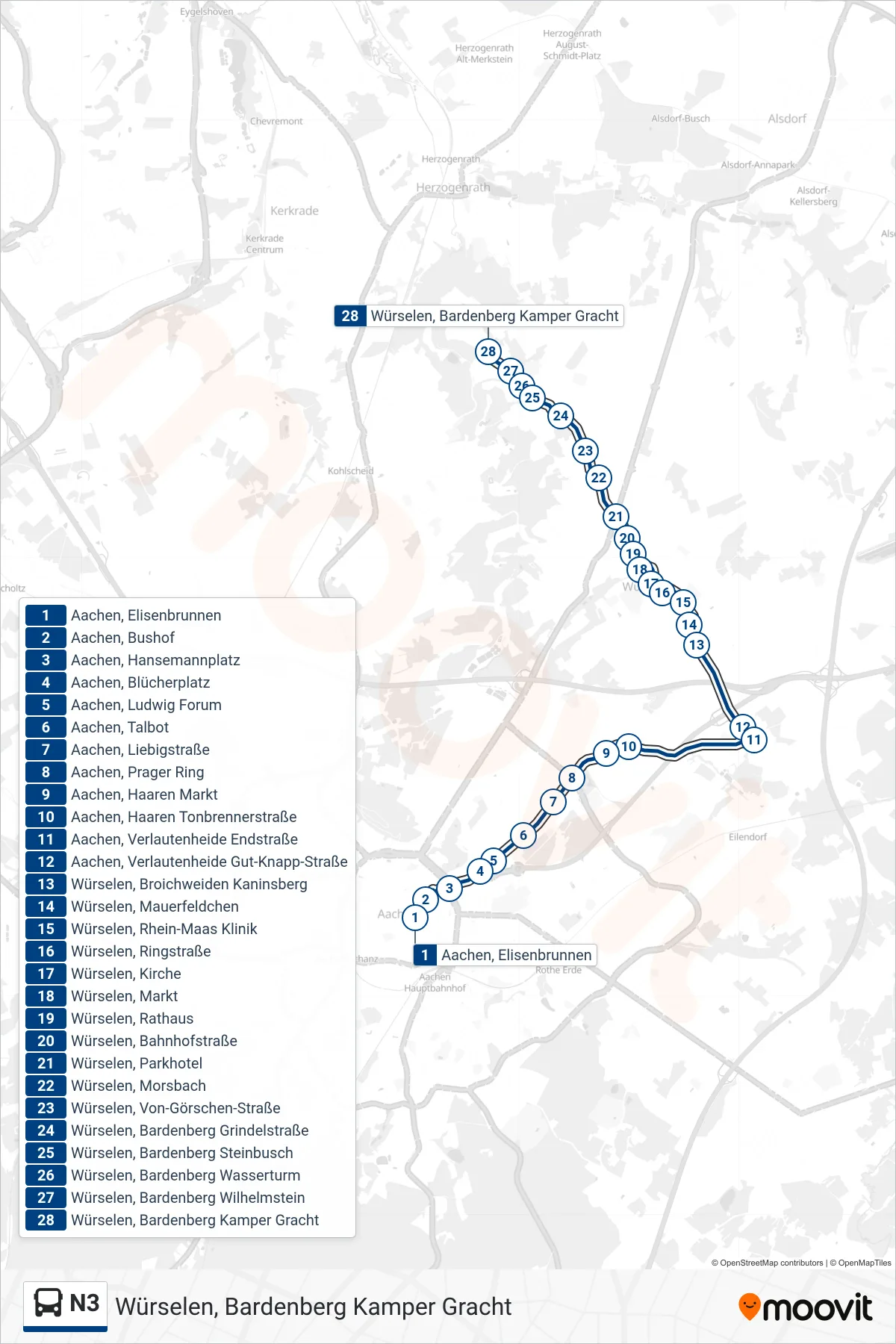 Linie N3 (Bus) Richtung Würselen, Bardenberg Kamper Gracht: Route und Haltestellen auf der Karte