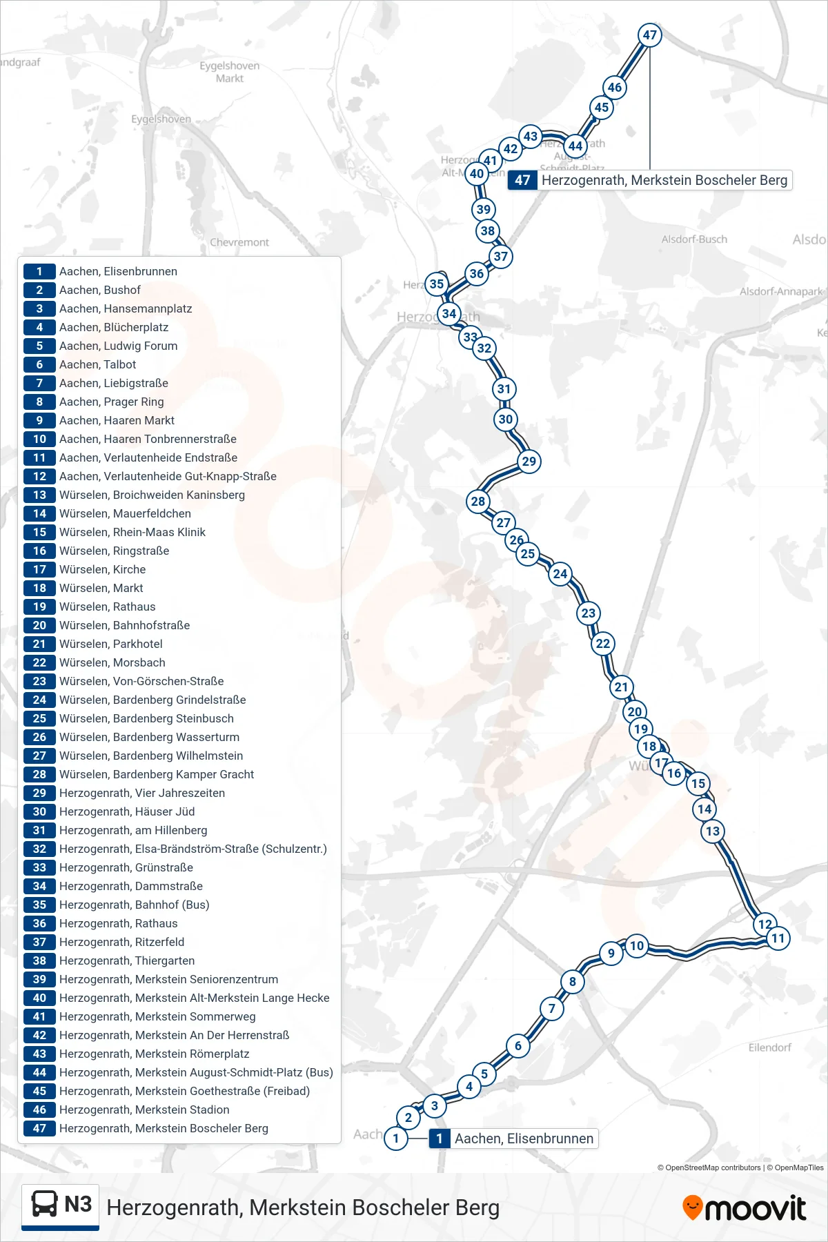 Linie N3 (Bus) Richtung Herzogenrath, Merkstein Boscheler Berg: Route und Haltestellen auf der Karte