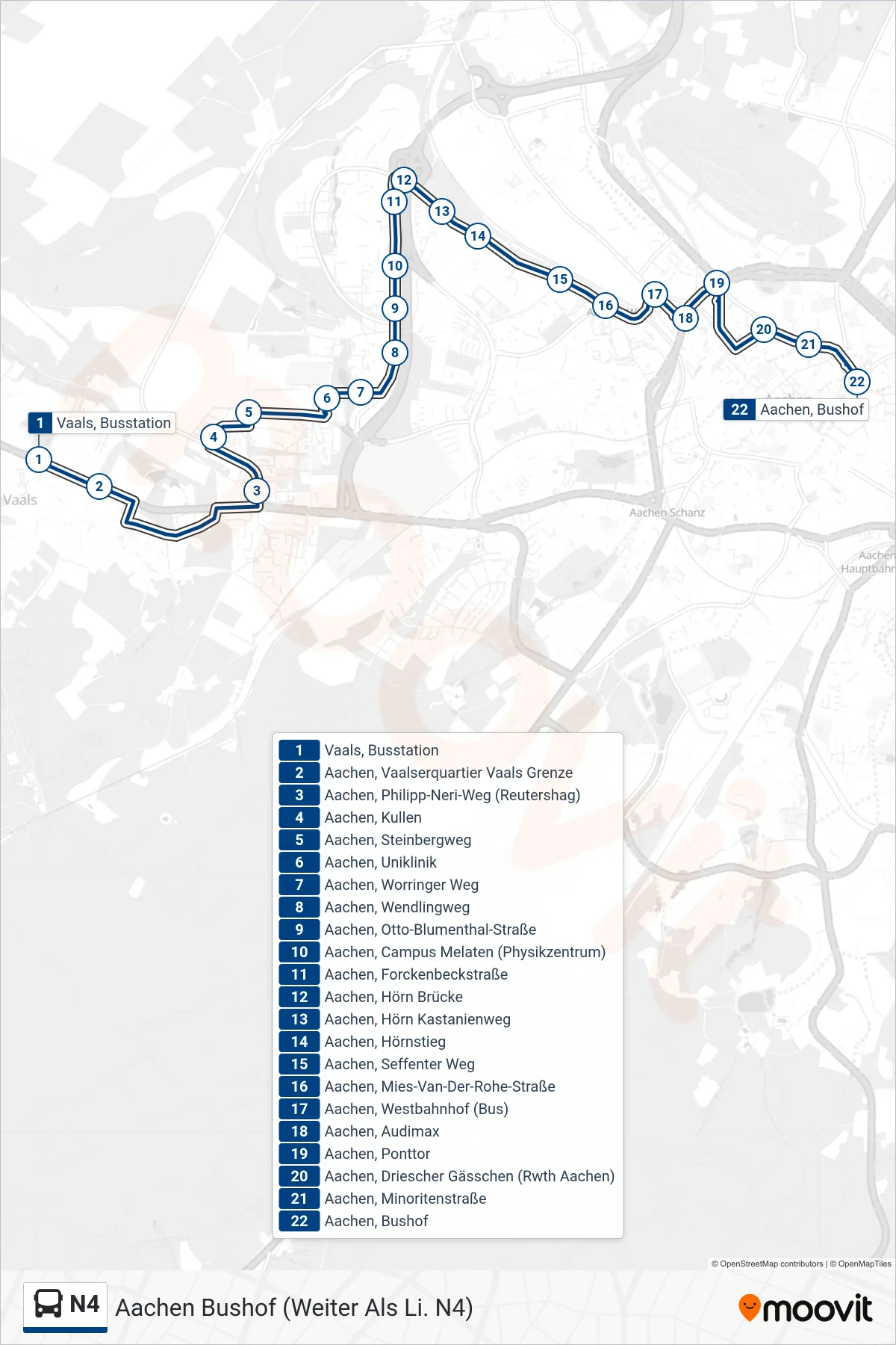 Linie N4 (Bus) Richtung Aachen Bushof (Weiter Als Li. N4): Route und Haltestellen auf der Karte