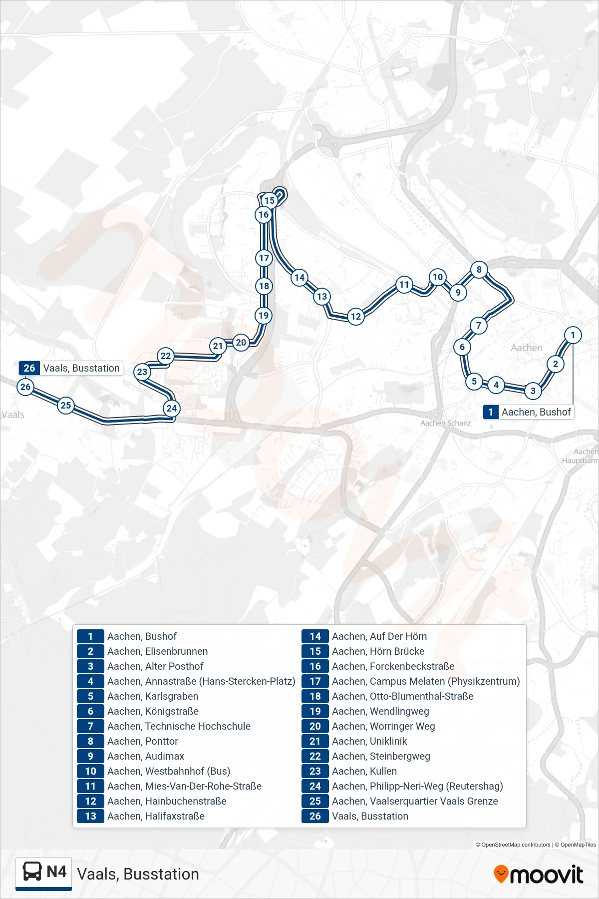 Linie N4 (Bus) Richtung Vaals, Busstation: Route und Haltestellen auf der Karte