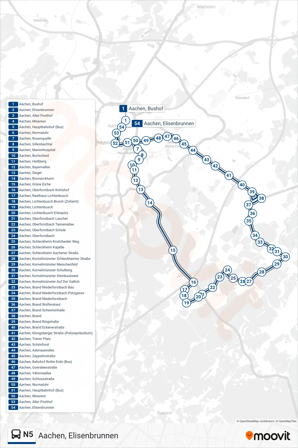 Linie N5 (Bus) Richtung Aachen, Elisenbrunnen: Route und Haltestellen auf der Karte