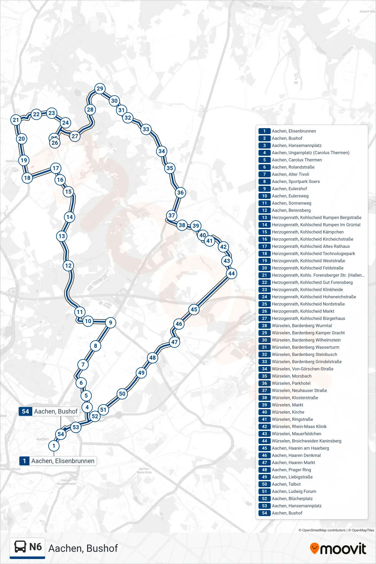 Linie N6 (Bus) Richtung Aachen, Bushof: Route und Haltestellen auf der Karte