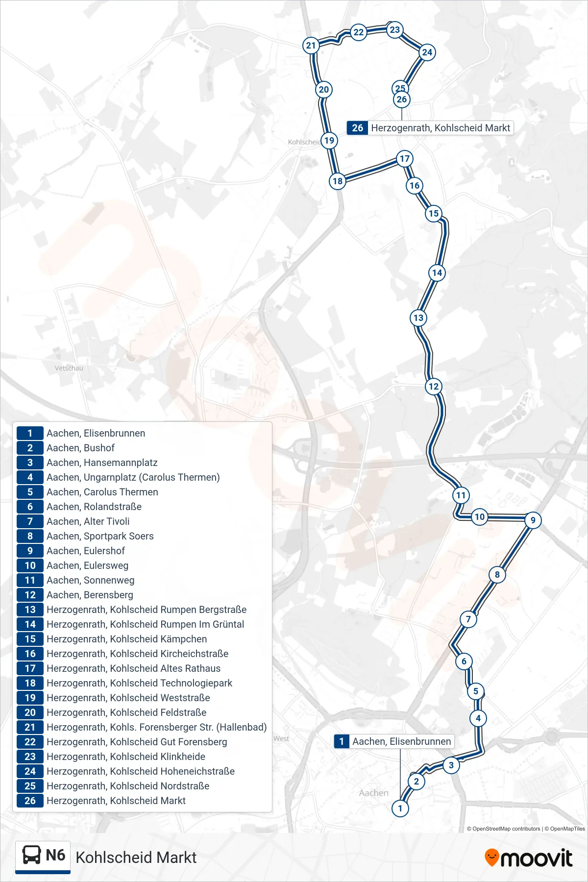 Linie N6 (Bus) Richtung Kohlscheid Markt: Route und Haltestellen auf der Karte
