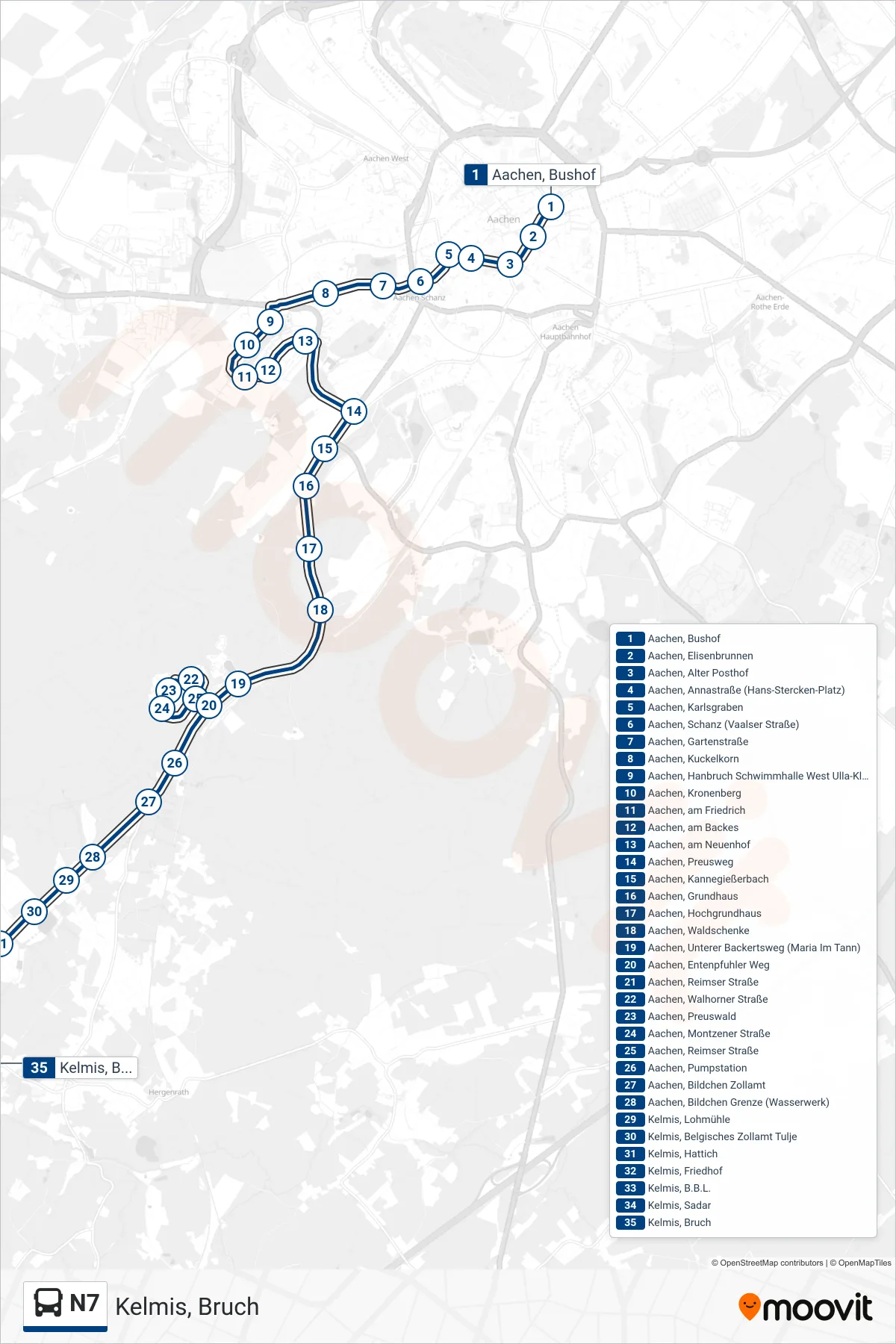 N7 bus Line (Kelmis, Bruch) route and stops on a map