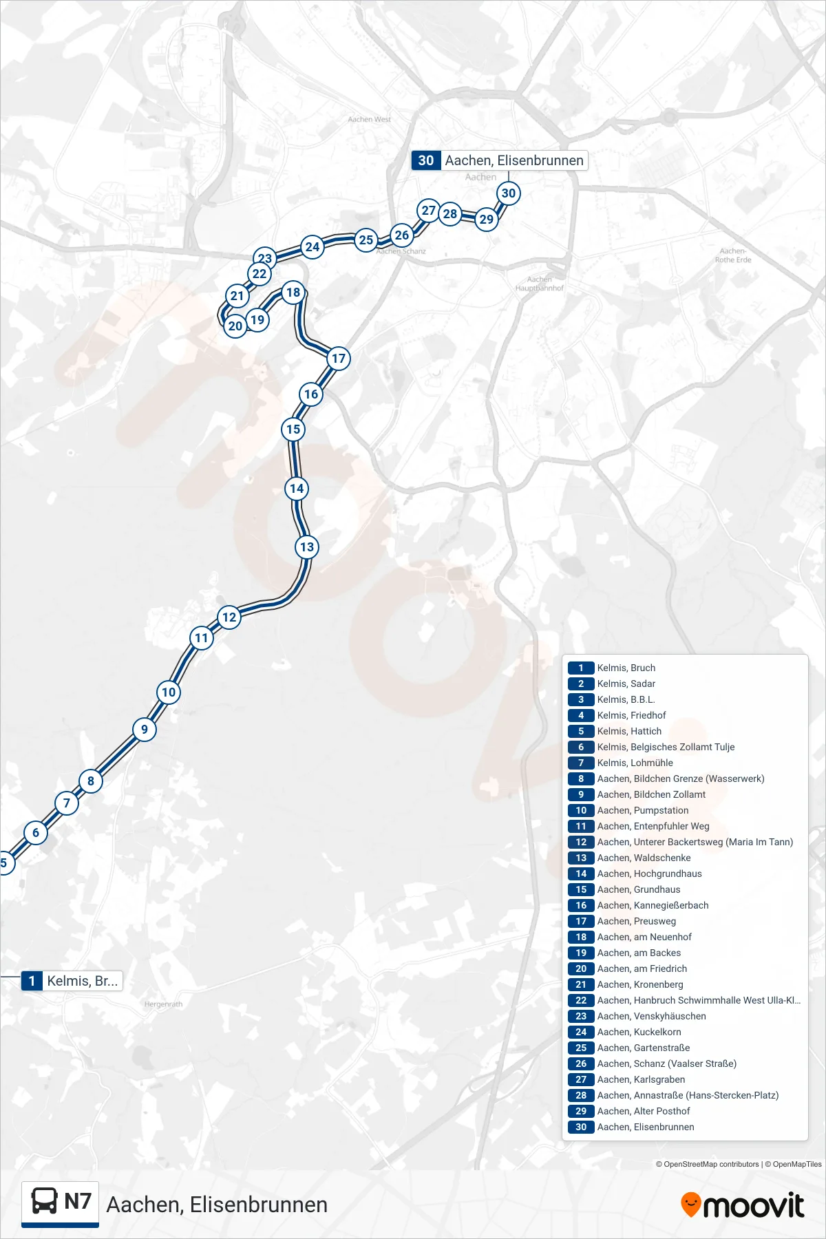 Linie N7 (Bus) Richtung Aachen, Elisenbrunnen: Route und Haltestellen auf der Karte