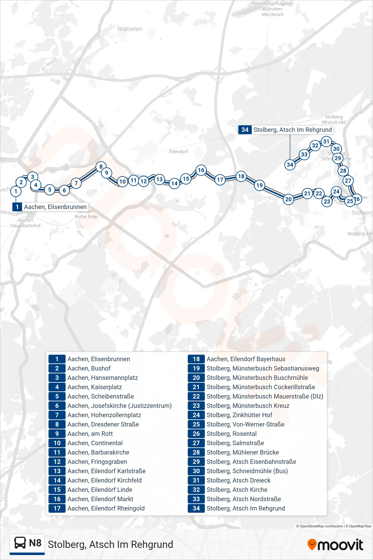 Linie N8 (Bus) Richtung Stolberg, Atsch Im Rehgrund: Route und Haltestellen auf der Karte
