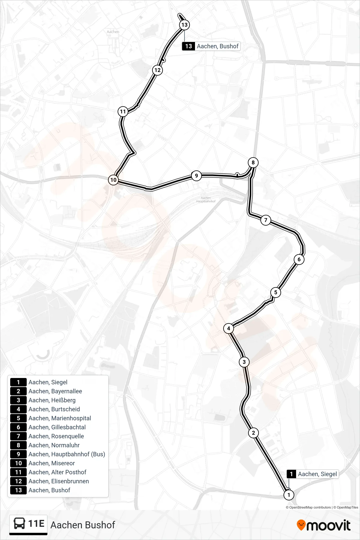 Linie 11E (Bus) Richtung Aachen Bushof: Route und Haltestellen auf der Karte