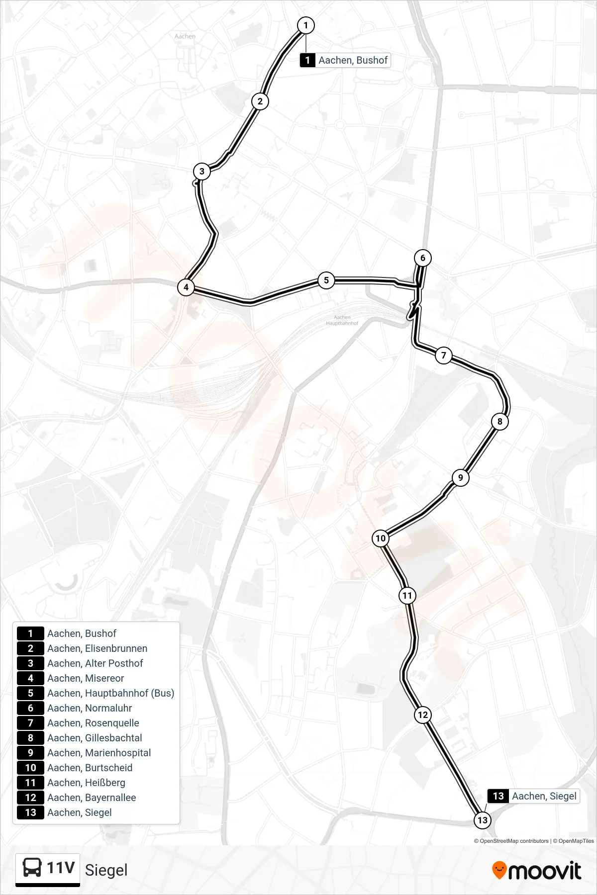 Linie 11V (Bus) Richtung Siegel: Route und Haltestellen auf der Karte