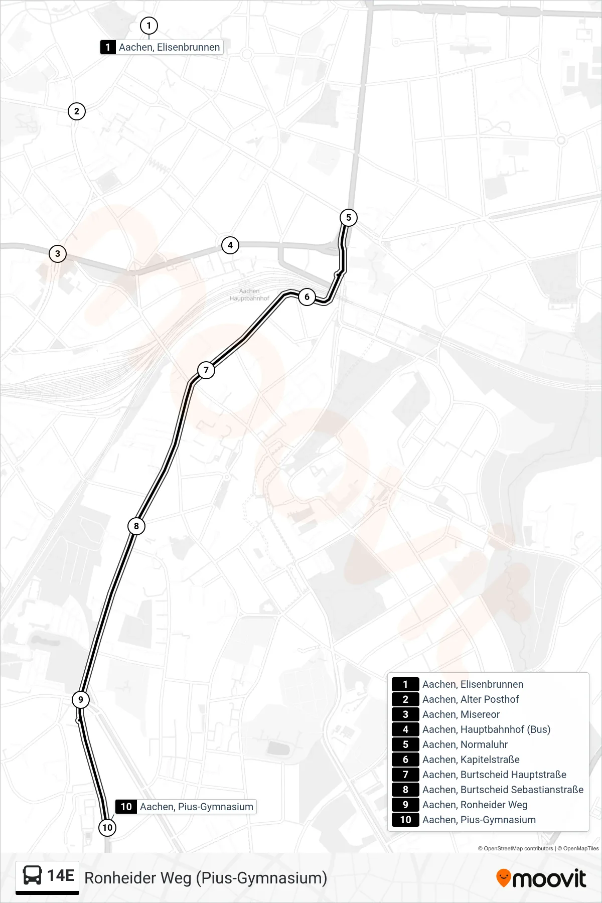 Linie 14E (Bus) Richtung Ronheider Weg (Pius-Gymnasium): Route und Haltestellen auf der Karte