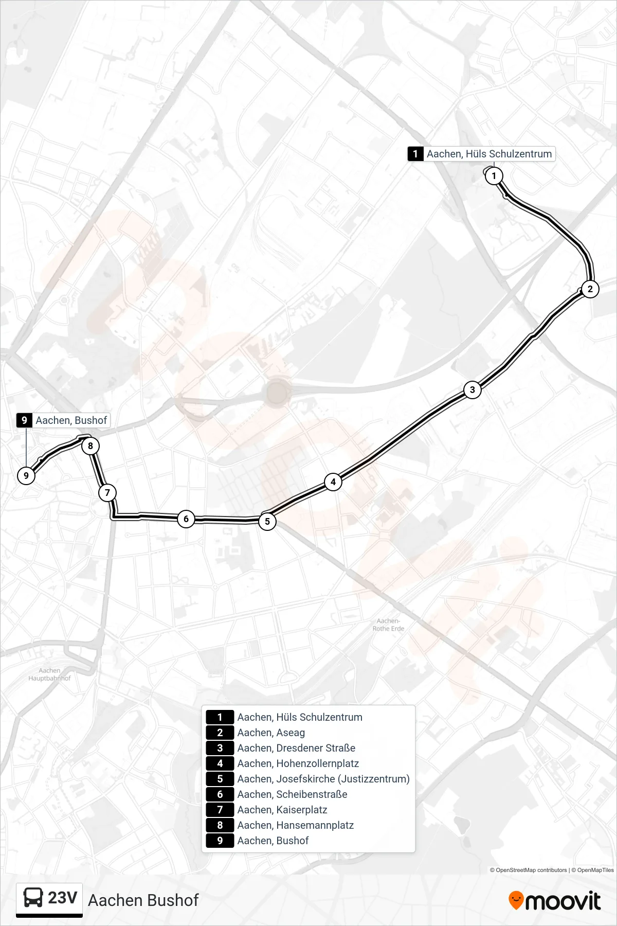 Linie 23V (Bus) Richtung Aachen Bushof: Route und Haltestellen auf der Karte