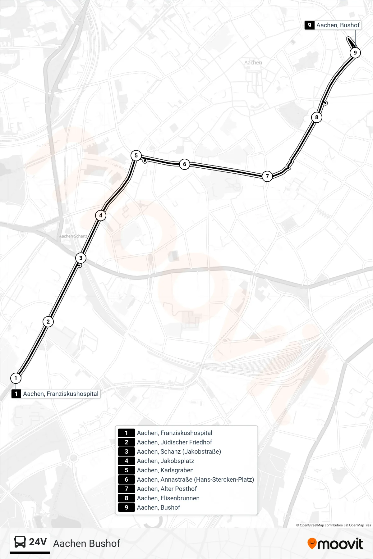 Linie 24V (Bus) Richtung Aachen Bushof: Route und Haltestellen auf der Karte