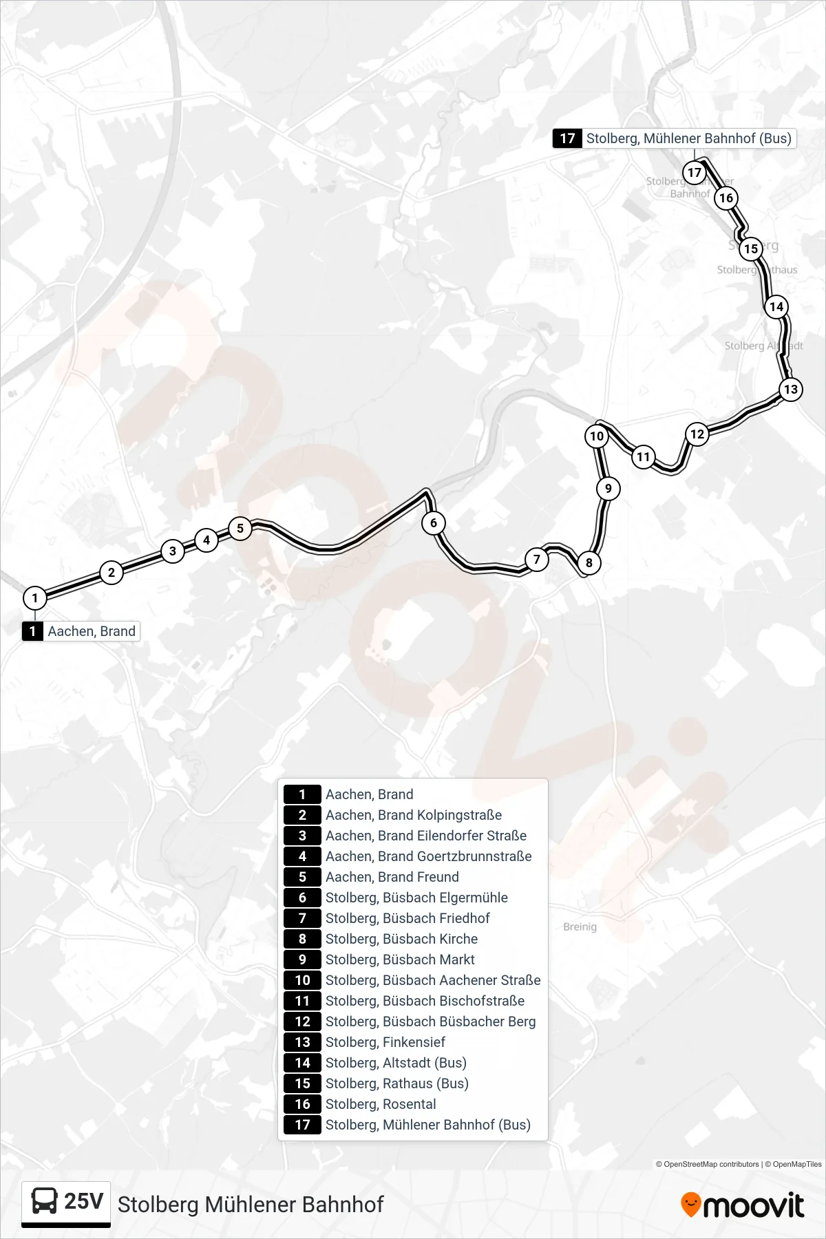 Linie 25V (Bus) Richtung Stolberg Mühlener Bahnhof: Route und Haltestellen auf der Karte