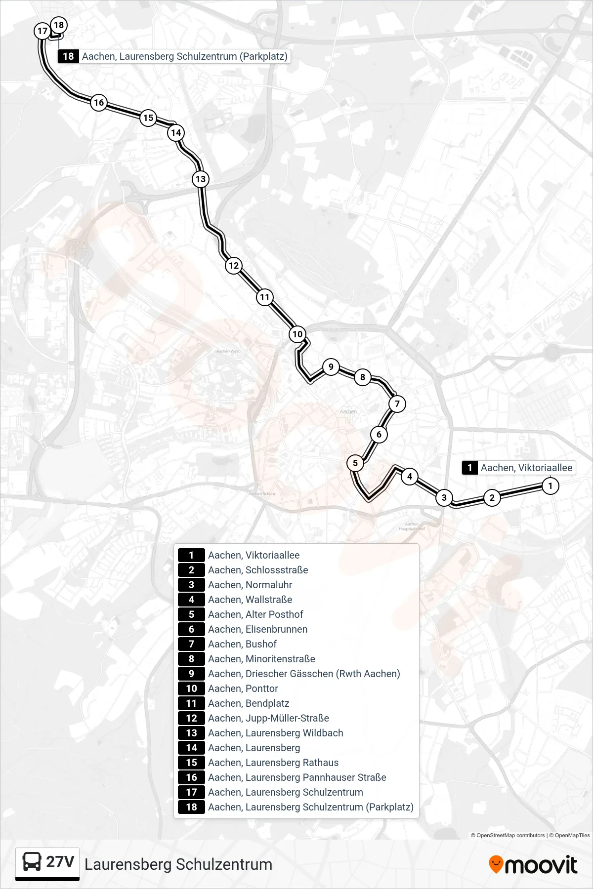 Linie 27V (Bus) Richtung Laurensberg Schulzentrum: Route und Haltestellen auf der Karte