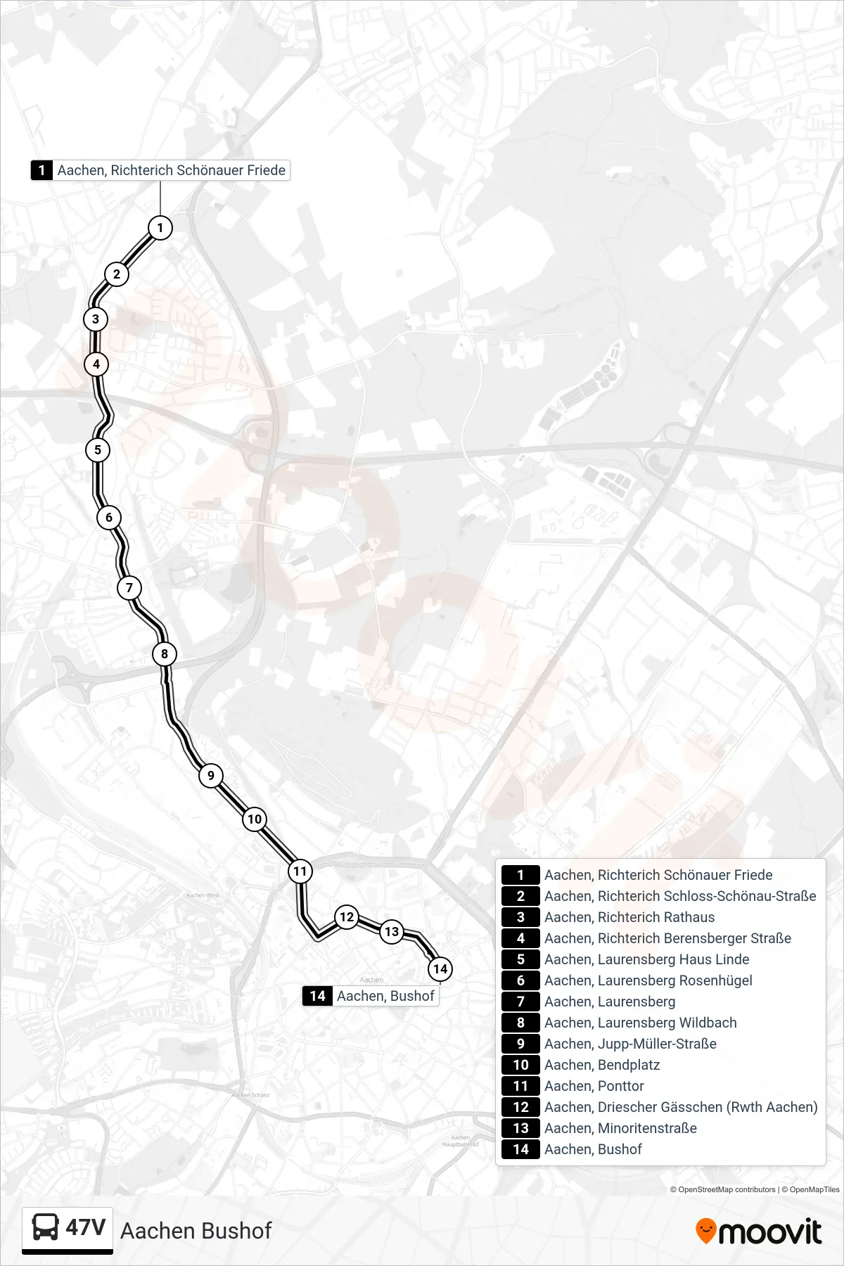Linie 47V (Bus) Richtung Aachen Bushof: Route und Haltestellen auf der Karte