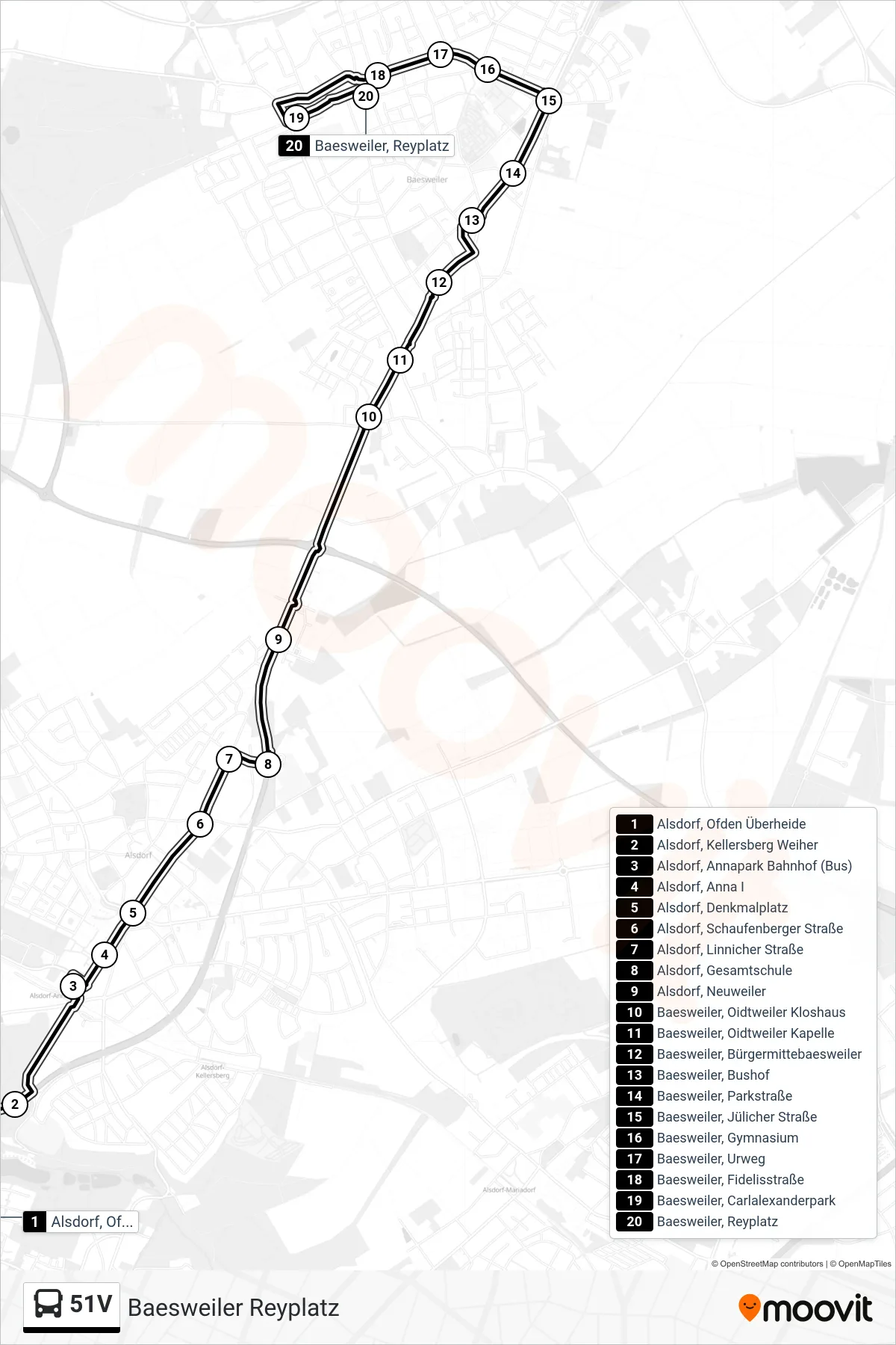 Linie 51V (Bus) Richtung Baesweiler Reyplatz: Route und Haltestellen auf der Karte