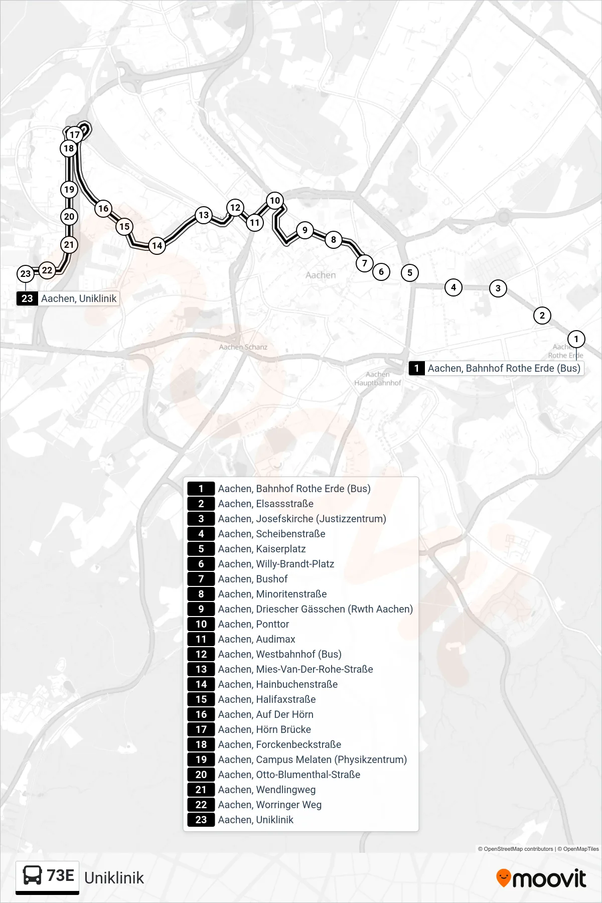 Linie 73E (Bus) Richtung Uniklinik: Route und Haltestellen auf der Karte