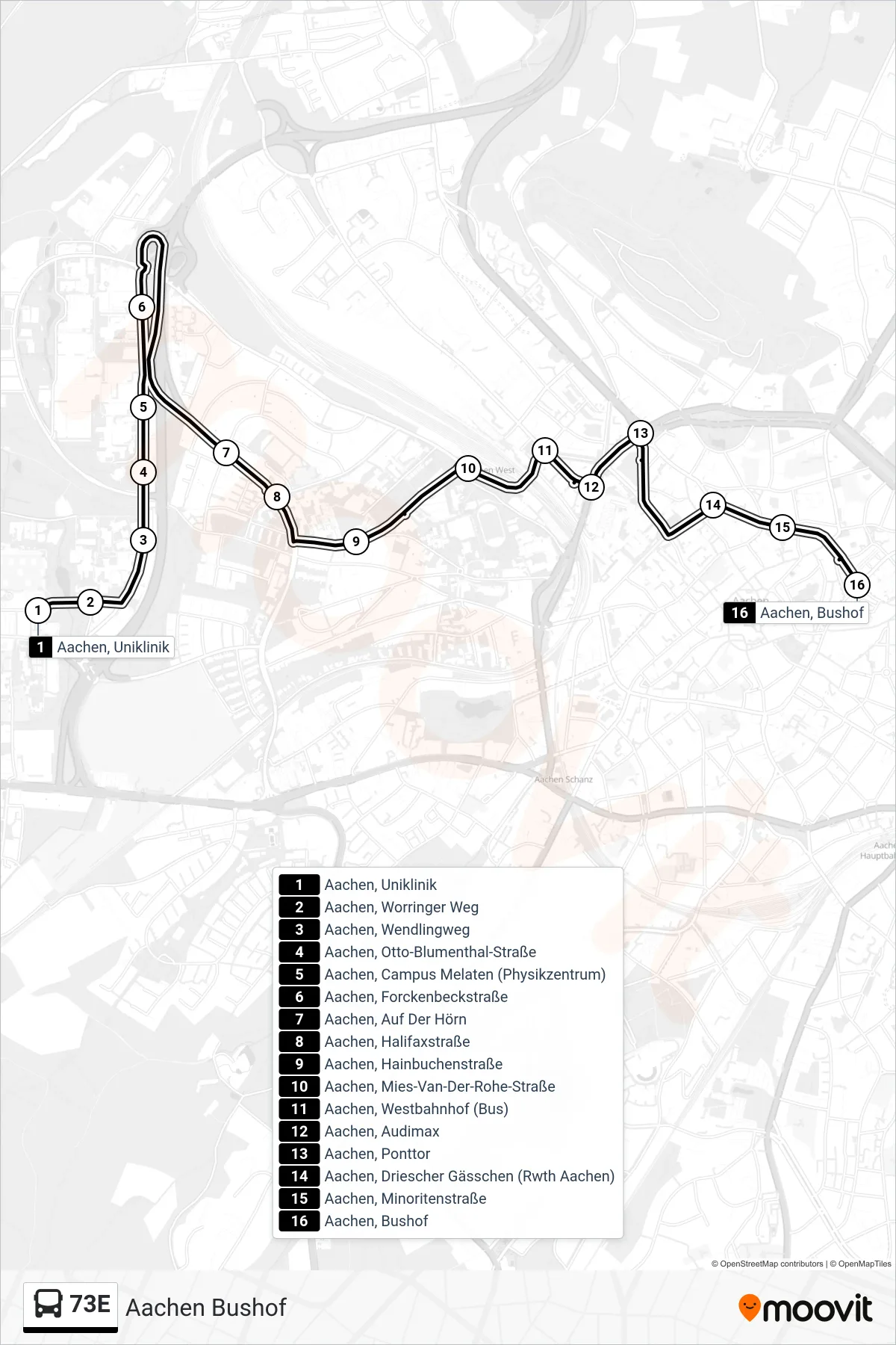 Linie 73E (Bus) Richtung Aachen Bushof: Route und Haltestellen auf der Karte