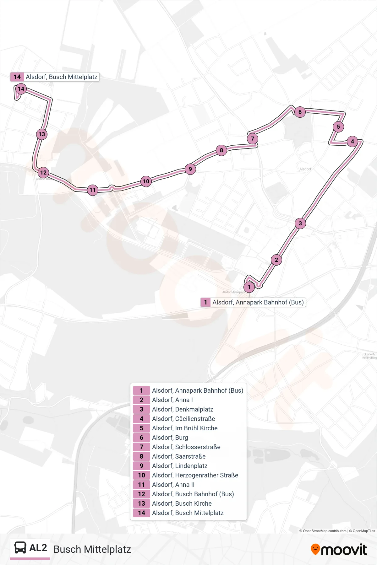 Linie AL2 (Bus) Richtung Busch Mittelplatz: Route und Haltestellen auf der Karte