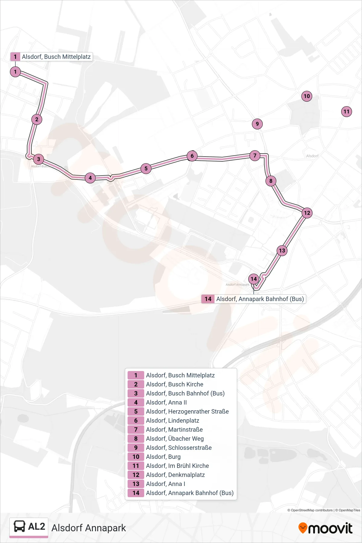 Linie AL2 (Bus) Richtung Alsdorf Annapark: Route und Haltestellen auf der Karte