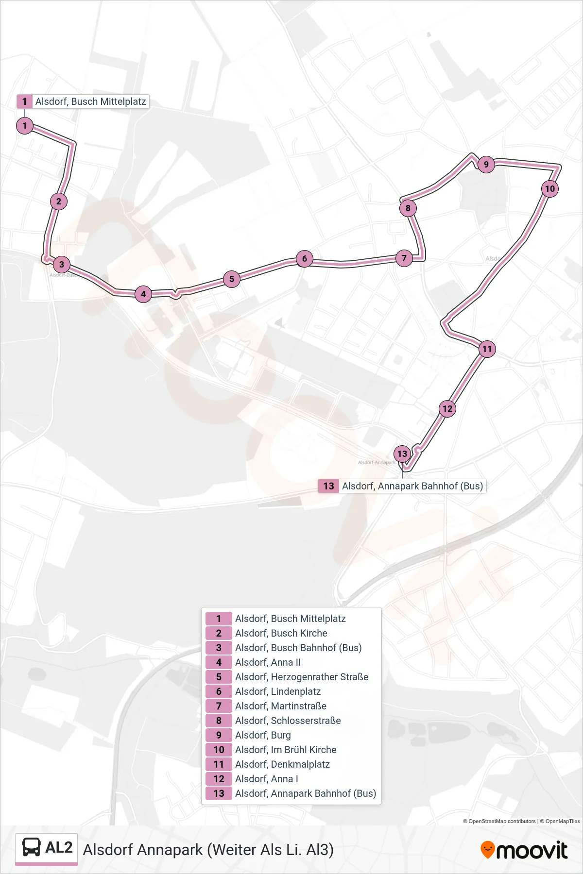 Linie AL2 (Bus) Richtung Alsdorf Annapark (Weiter Als Li. Al3): Route und Haltestellen auf der Karte