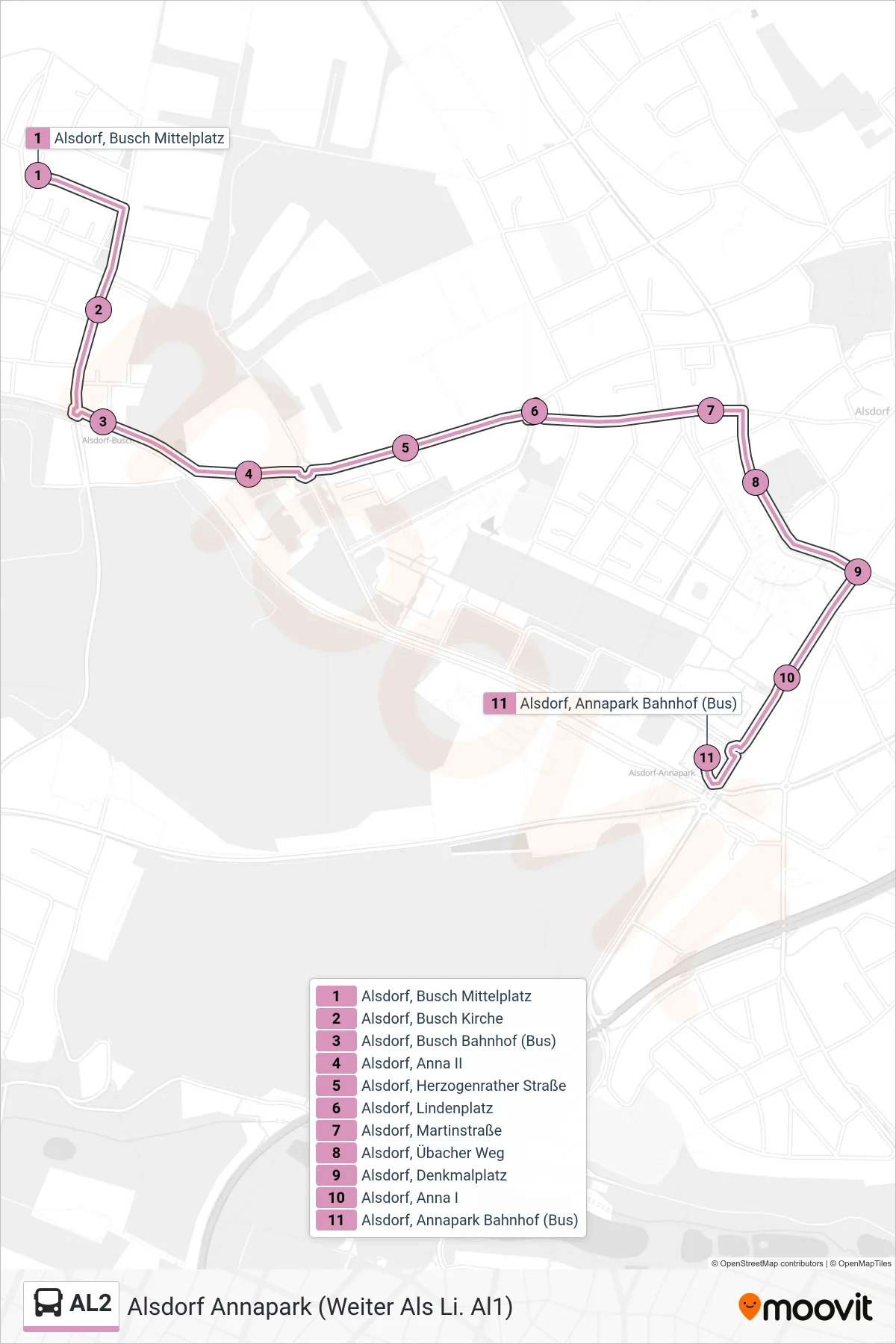 Linie AL2 (Bus) Richtung Alsdorf Annapark (Weiter Als Li. Al1): Route und Haltestellen auf der Karte