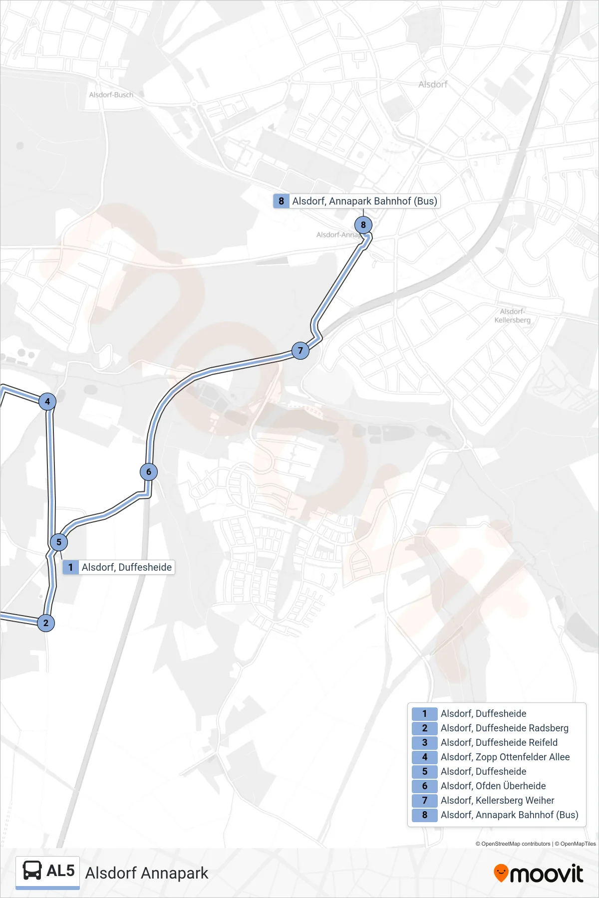 Linie AL5 (Bus) Richtung Alsdorf Annapark: Route und Haltestellen auf der Karte