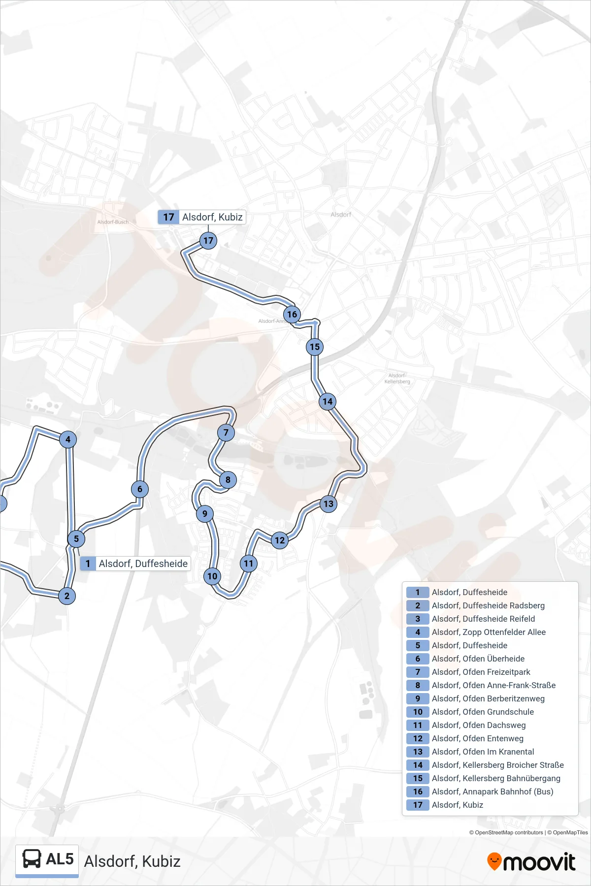 Linie AL5 (Bus) Richtung Alsdorf, Kubiz: Route und Haltestellen auf der Karte