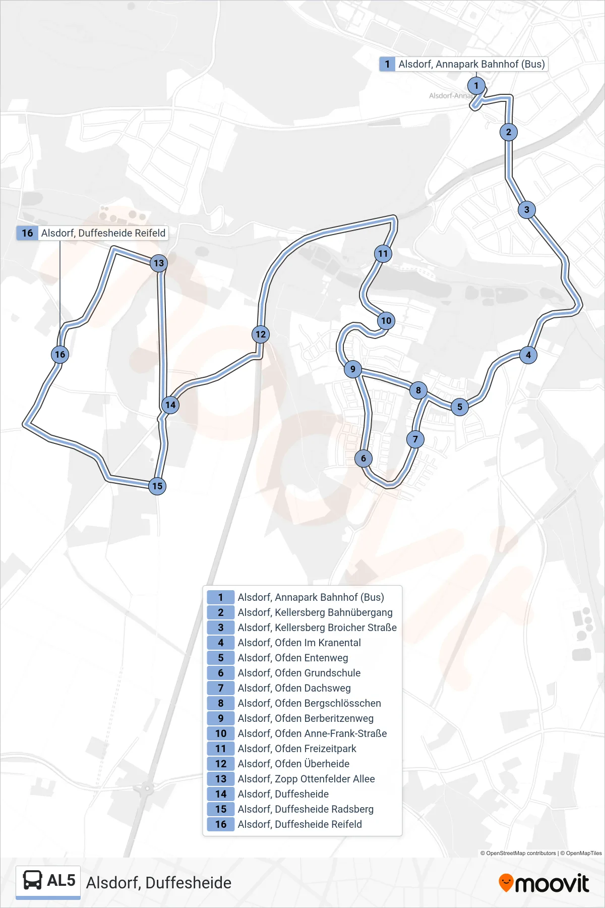 Linie AL5 (Bus) Richtung Alsdorf, Duffesheide: Route und Haltestellen auf der Karte